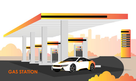 Gas station, sedan car with tinted window, yellow, orange gradient trunk on road. City, bushes shadow on white background. vector illustrationのイラスト素材