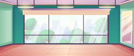 Empty gym interior with mirror, green walls, three lamps, panoramic window with park and cityscape view. vector graphic illustrationのイラスト素材