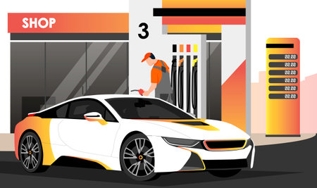 Gas station worker in gray uniform refuel white sedan car tank. Auto trunk decorated with yellow, orange gradient elements. Roadside shop, city shadow on background. vector illustrationのイラスト素材