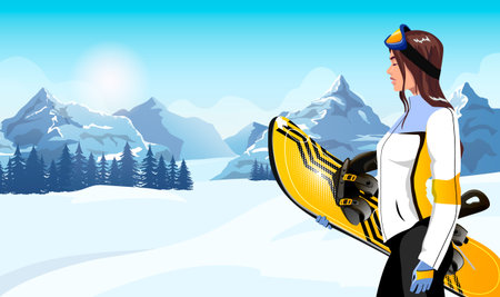Beautiful female snowboarder on the snowy slope of the winter resort. A woman snowboarder with sports equipment and a ski suit. Against the background of the blue sky and the sun. vector illustrationのイラスト素材