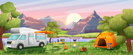 Camping with a tent by the river in a mountainous area. Mountain landscape at sunset or sunrise. Panoramic views of the mountains, forest and river. vector illustrationのイラスト素材