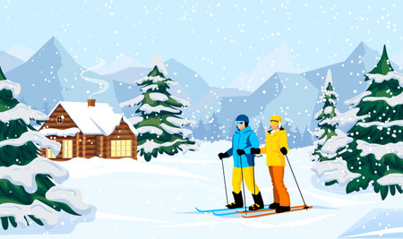 Winter mountain landscape with skiers. Happy man and woman stands with skis with Alps in background. Blue sky, tops of rocks on background. winter sport activities. ski resort. vector illustrationのイラスト素材