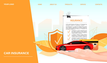 Car insurance advertising with red automobile, orange shield and leaves. Website with links to home, product, service, about us, contact. concept of vehicle protection. vector illustrationのイラスト素材