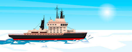 Icebreaker is shipping at Antarctic north pole breaking ice. Horizon with sun in the background. Concept of industrial watercraft. vector graphic illustrationのイラスト素材