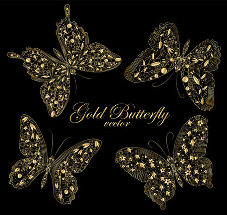 Four golden butterfly in a frame in black background. decorative styling. Concept of invitation to marriage or some holiday. isolated image. vector graphic illustrationのイラスト素材