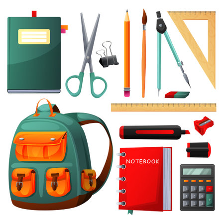 Set of school supplies, accessories isolated on white background: school bag, notepad, notebook, scissors, pencil, brush, compass, eraser, ruler, calculator, marker, sharpener. vector illustrationのイラスト素材
