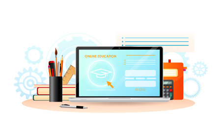 Workplace with writing implements, stack of books, calculator and ruler. Open laptop with blue screen on website with blue background and orange text. Big gears on white backdrop. vector illustrationのイラスト素材
