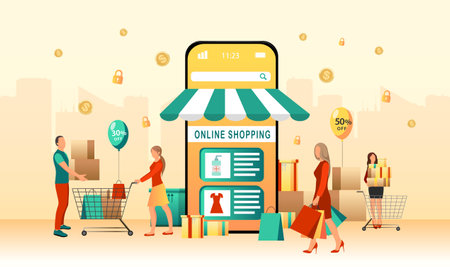 Mobile retail online shopping concept. Smartphone with marketplace, digital store, supermarket application on screen. Purchase, payment in smartphone mobile app. vector illustrationのイラスト素材