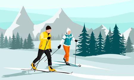 Man wearing yellow jacket and woman in orange trousers skiing at mountain resort. Forrest and snow in the background. Concept of sport and physical exercises. vector graphic illustrationのイラスト素材