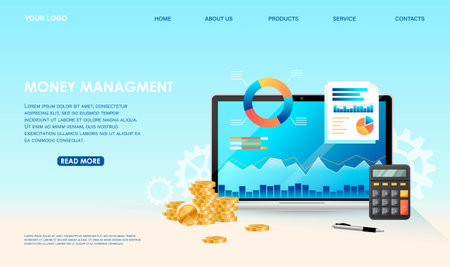 Money management design concept of golden coins, diagrams, calculator, data on screen. Mobile app service to track income, expense, investing, budgeting, banking, evaluate taxes. vector illustrationのイラスト素材