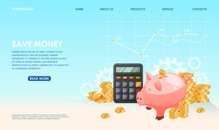 Money management design concept of golden coins, diagrams, calculator, pink pig bank. Mobile app service to track income, expense, investing, budgeting, banking, evaluate taxes. vector illustrationのイラスト素材