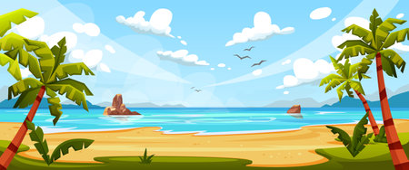 colorful seascape. Beach landscape overlooking the sea or the ocean with beach sand, palm trees, rocky mountains in the background. coast of the sea or ocean. vector illustrationのイラスト素材