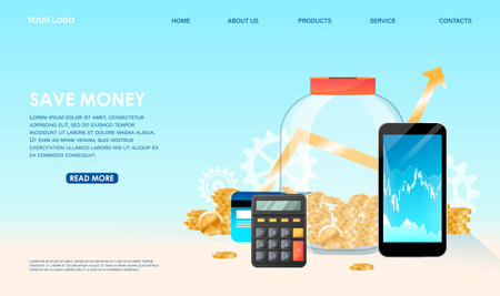 Money management concept of can with golden coins, diagrams, calculator, smartphone, credit card. Mobile app service to track income, expense, investing, budgeting, banking, evaluate taxes. vectorのイラスト素材