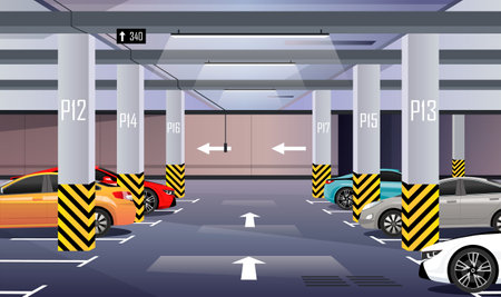 Cars are parked in the underground car park in the business center or shopping and entertainment center. parking place. vector illustrationのイラスト素材