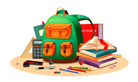 School bag with textbook, notebook, calculator, pencils, books, ruler, pen, highlighter on white background. Concept of back in school. vector graphic illustrationのイラスト素材