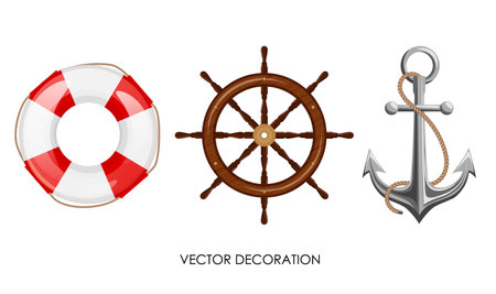 Set of lifebuoy, wooden steering wheel, anchor with rope on white background. Isolated vintage ship objects. Elements of sea boat equipment. marine theme decoration. vector illustrationのイラスト素材