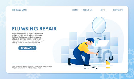 Plumbing repair service worker in blue overall fix clogged water pipe in bathroom with wrench, tools for plumbing repair on floor. Water overflows the sink, drop in puddle. vector illustrationのイラスト素材