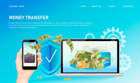 Mobile money transfer, business investments, saving money, secure payment concept. Landing page template with mobile smartphone, laptop, bundles of banknotes and golden coins. vector illustrationのイラスト素材