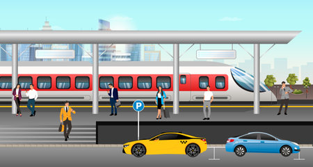 urban transport infrastructure. Railway station nearby parking for cars. People go to work or go about their business. Station for high-speed trains in the city. vector illustrationのイラスト素材
