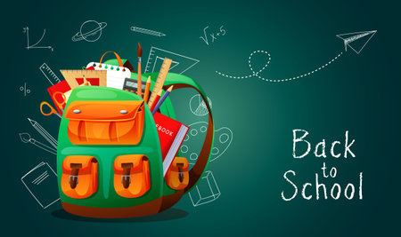 Back to school banner, poster. School bag with school supplies on the background of a chalkboard with different scientific icons. vector illustrationのイラスト素材