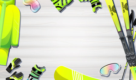 Ski equipment on gray wooden background. Banner with acid yellow, green, black winter skis, ski poles snowboard, sport suit, boots, multicolor glasses. Place for text in middle. vector illustrationのイラスト素材