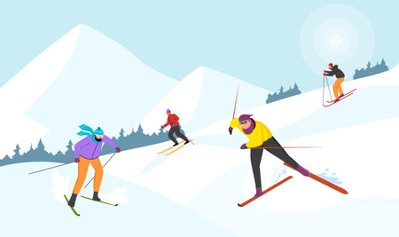 Happy man and woman ride skis in the Alps. Winter mountain landscape with skiers. Blue sky, tops of rocks on background. winter sport activities. ski resort. vector illustrationのイラスト素材