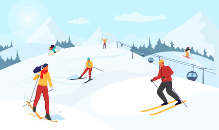 Happy man and woman ride skis in the Alps. Winter mountain landscape with skiers. Blue sky, tops of rocks on background. winter sport activities. ski resort. vector illustrationのイラスト素材