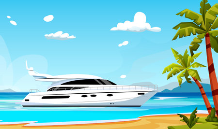 Luxury yacht is parked near a beach with palms. Horizon with clouds in the background. Concept of expensive seacraft. vector graphic illustrationのイラスト素材