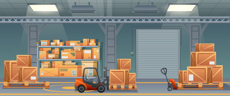 industrial warehouse interior. Post storage indoor. Wooden boxes on rack shelves inside building. Loaders, ladders, turn on lamps, electric gates on gray background. flat cartoon. vector illustration.のイラスト素材
