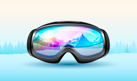Sport winter landscape banner with ski face mask on snow. Mountain landscape, colorful sky in reflection of black snowboard protective mask. Mountains, forest, fog on background. vector illustrationのイラスト素材