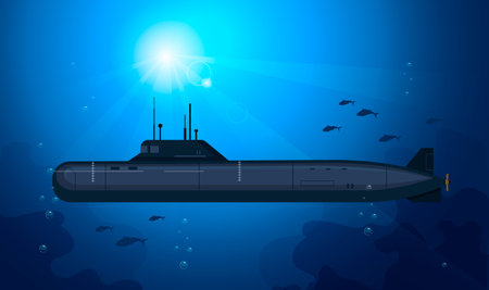Submarine is shipping deep in sea. Fish and sun light in the background. Concept of underwater exploration. vector graphic illustrationのイラスト素材