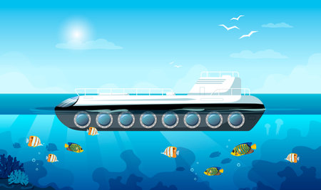 Sea scope with window to watch undersea life with corals and fish. Horizon with clouds, sun and seagulls in the background. Concept of sea exploration. vector graphic illustrationのイラスト素材