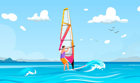Man is driving on waves on windsurfing board. Horizon with clouds, seagulls in the background. Concept of active leisure. vector graphic illustrationのイラスト素材