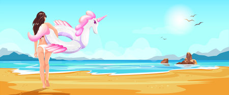 Young woman in bikini with an inflatable circle unicorn walks along the beach, the sea mountain landscape in the background. vector illustrationのイラスト素材