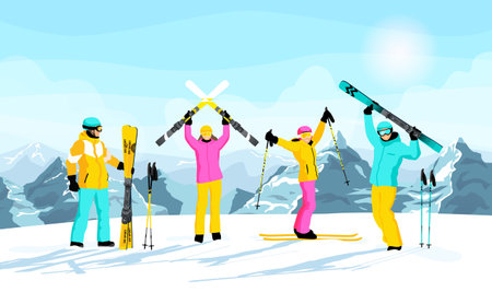 Winter mountain landscape with skiers. Happy man and woman stands with skis with Alps in background. Blue sky, tops of rocks on background. winter sport activities. ski resort. vector illustrationのイラスト素材