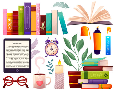 Books, electronic book, stack of books, glasses, candle, alarm clock, home plant, bookmark, feather, open marker, cup of tea, coffee. Library, cabinet, read literature elements. vector illustrationのイラスト素材