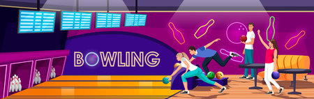 People playing in bowling club. Woman and man playing bowling in hall with alleys. Girls enjoy the game. scoreboard screens. Players entertainment activity, Friends on recreation. vector illustrationのイラスト素材