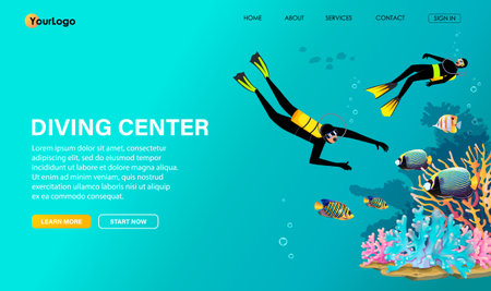 Divers with aqualungs in special underwater equipment explore beautiful coral reef, look colorful fishes. Oxygen tank, mask, flippers on swimming frogman. Scuba diving club banner. vector illustrationのイラスト素材