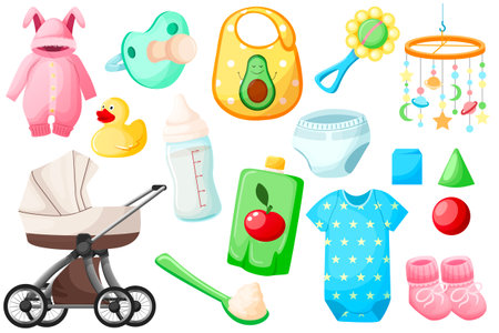 Baby, newborn, child, kid, children set, isolated accessories. Sliders, pacifier, rattle, sleep toy, stroller, booties, mash, food, nutrition, diapers, bottle, cubes, yellow duck. vector illustrationのイラスト素材