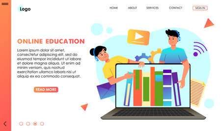 Online education design concept. Young woman, man behind laptop with books on screen learning or teaching at internet courses, university, school. E-learning digital resource. vector illustrationのイラスト素材