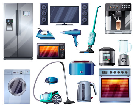 Household kitchen electrical appliances, refrigerator, vacuum cleaner, microwave oven, coffee machine, cooking, cleaning tools, washing machine, blender. home technology items. vector illustrationのイラスト素材