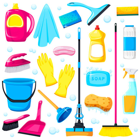 Isolated cleaning, washing equipment, tool, instrument set. Chemistry detergent, brush, gloves, mop, sponge, bucket, wiper, rag, soap, plunger, spray. Clean up house collection. vector illustrationのイラスト素材