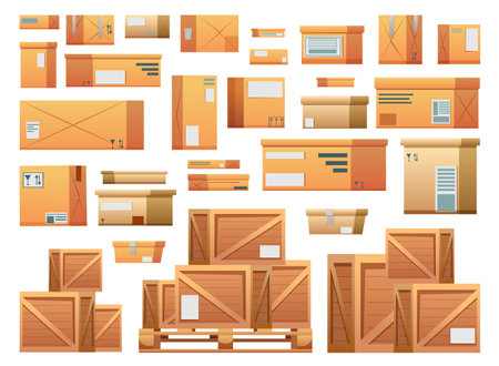 Cardboard, wooden boxes on white background. Different size cargo, goods cartons of shipping, relocate, transport, storage. Postal, delivery box with post stamp, sticker. vector illustrationのイラスト素材