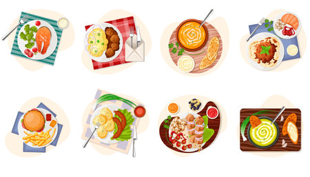 Set of lunches, dinners. Healthy, fast food menu. various meals menu. Fish, salad, cream soup, mash potato, meatballs, hamburger, sausages, bread. Appetizing restaurant plates. vector illustrationのイラスト素材