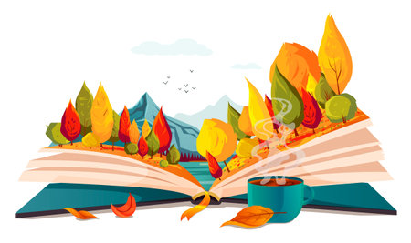 Open book, autumn nature inside. Imagination, fantasy, magic in literature concept. Season fairy tale, storybook, textbook. lake, forest landscape picture. Leaves, cup of tea. vector illustrationのイラスト素材
