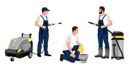 Set, collection isolated carwash workers with wash car tools, instruments. Young happy men in uniform, auto service professional job, vehicle care. Washing, cleaning car equipment. vector illustrationのイラスト素材