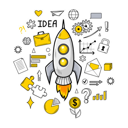 New idea, success business, startup concept. Business rocket with line icons of diagram, chart, marketing infographic, strategy plan. Start up technology concept. Vector illustration, line art, sketchのイラスト素材