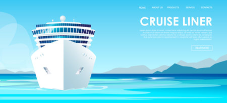 White cruise ship, liner, boat swim at South sea, Pacific, Atlantic ocean. Travel agency booking voyage tickets concept. Calm good weather day marine, nature landscape, scenery. vector illustrationのイラスト素材