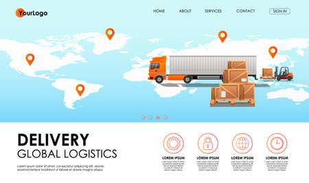 Intercontinental cargo transportation concept. Man in forklift loads wooden boxes in truck. Delivery points on the world map. global logistics network. Order tracking, navigation app. vector illustrationのイラスト素材