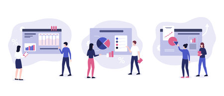Analysis managers presentation business data. Marketing analysts developing strategy. Financial Teamwork analyzing graphs. People study infographic, diagrams on digital dashboard. vector illustrationのイラスト素材